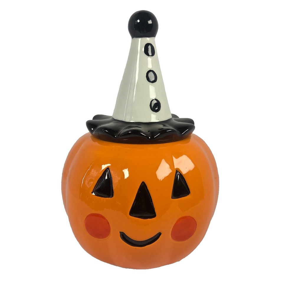 Jack O Lantern Lane Pumpkin Candy Jar Medium Orange New Halloween Clown Hat Lid
